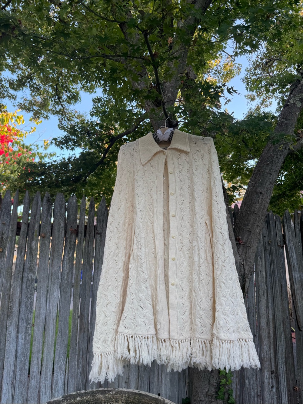 American Vintage Cream Cable Knit Button-Front Fringe Cardigan